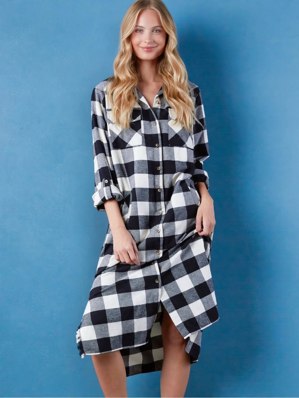 XL Black & White Plaid High-Low Shirt Dress